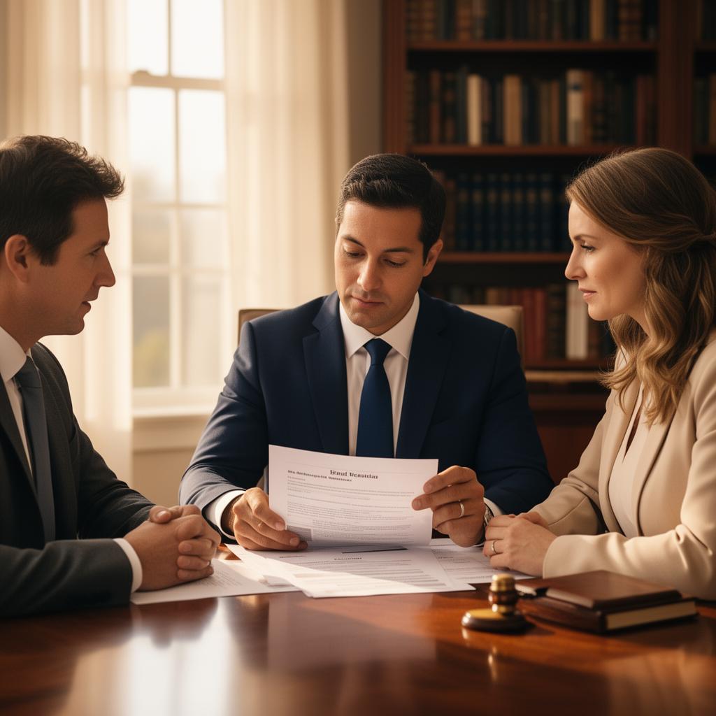 An attorney reviewing real estate documents with two clients in a warmly lit law office