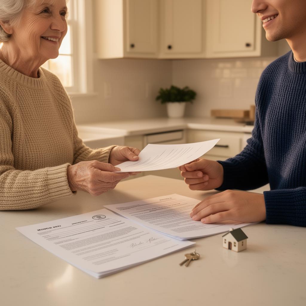 A buyer and seller reviewing closing paperwork together at a kitchen counter with a small house key